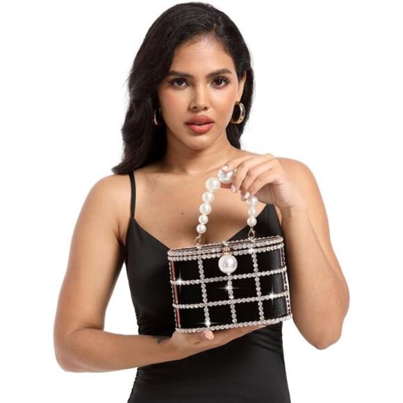 Evening Handbags with Pearl Rhinestones Wedding Bucket Totes Bags Party Clutch - Picture 4 of 7